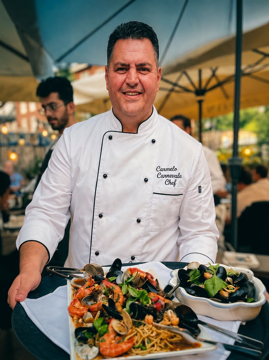 Chef Carmelo Carnevale serving a seafood pasta platter